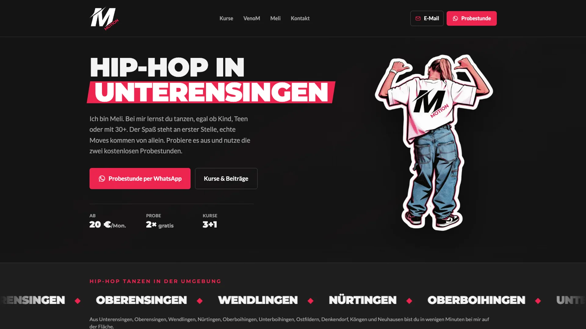 Startseite von mmotion-dance.de mit dem Schriftzug Hip-Hop in Unterensingen